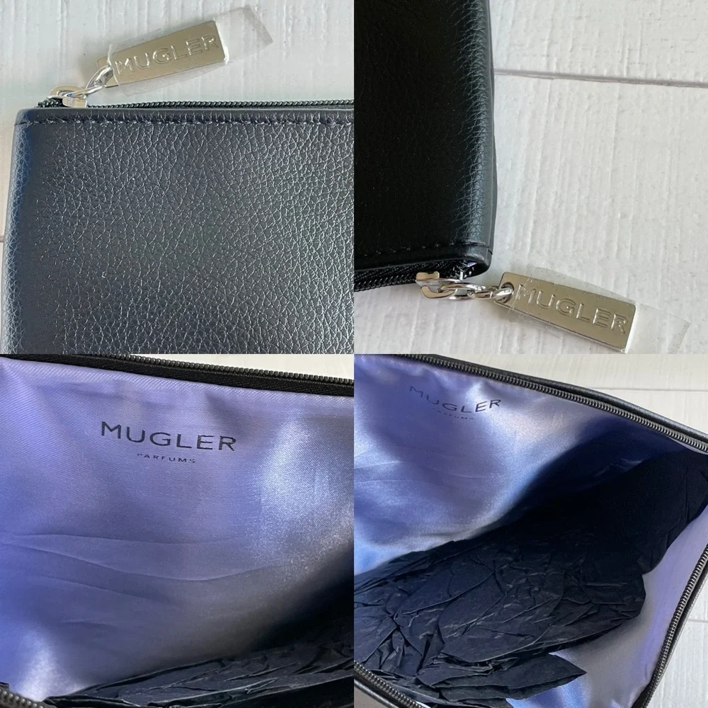 Mugler Black Pebbled Bow Embossed Zip Clutch / Makeup Bag